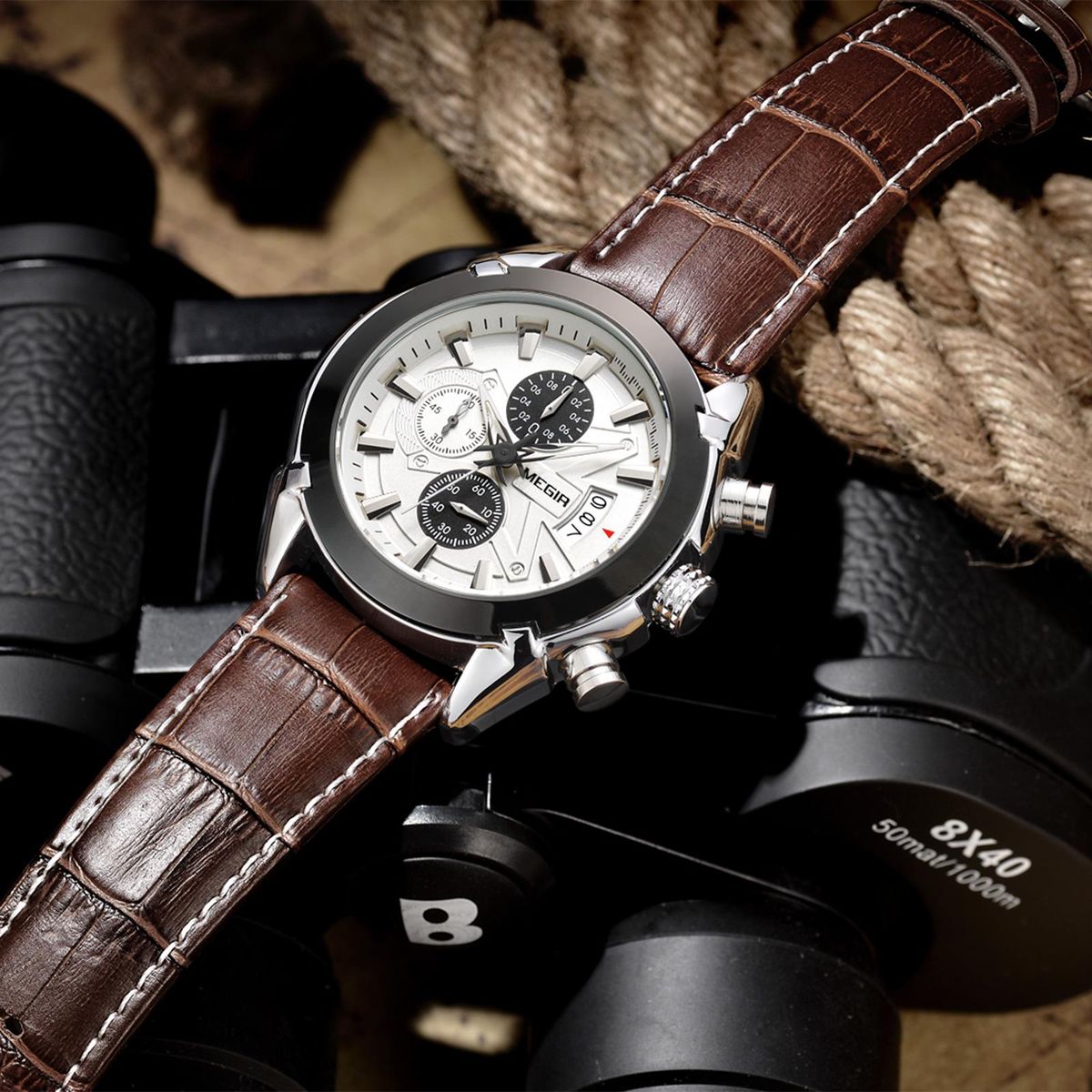 Megir Branded New Fashion Man Watch Genuine Leather Band 3 Small Dials Quartz Wristwatch Analog Display Date Chronograph Black/Brown Relogio Masculino