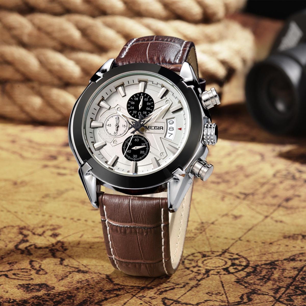 Megir Branded New Fashion Man Watch Genuine Leather Band 3 Small Dials Quartz Wristwatch Analog Display Date Chronograph Black/Brown Relogio Masculino