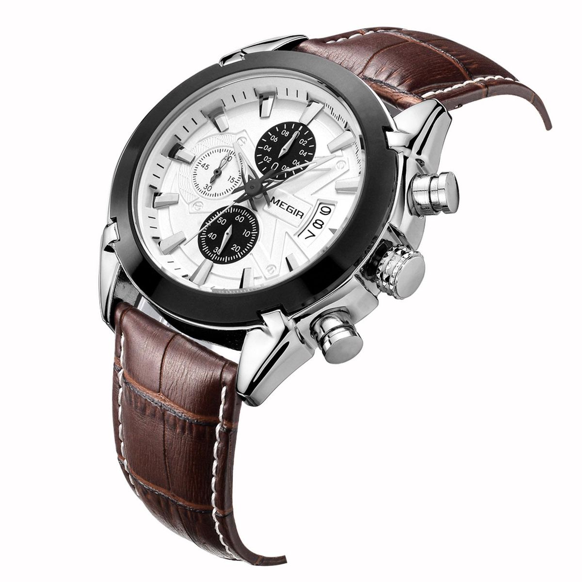 Megir Branded New Fashion Man Watch Genuine Leather Band 3 Small Dials Quartz Wristwatch Analog Display Date Chronograph Black/Brown Relogio Masculino