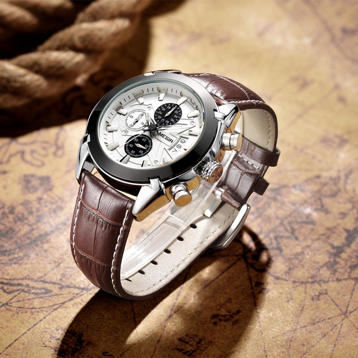 Megir Branded New Fashion Man Watch Genuine Leather Band 3 Small Dials Quartz Wristwatch Analog Display Date Chronograph Black/Brown Relogio Masculino