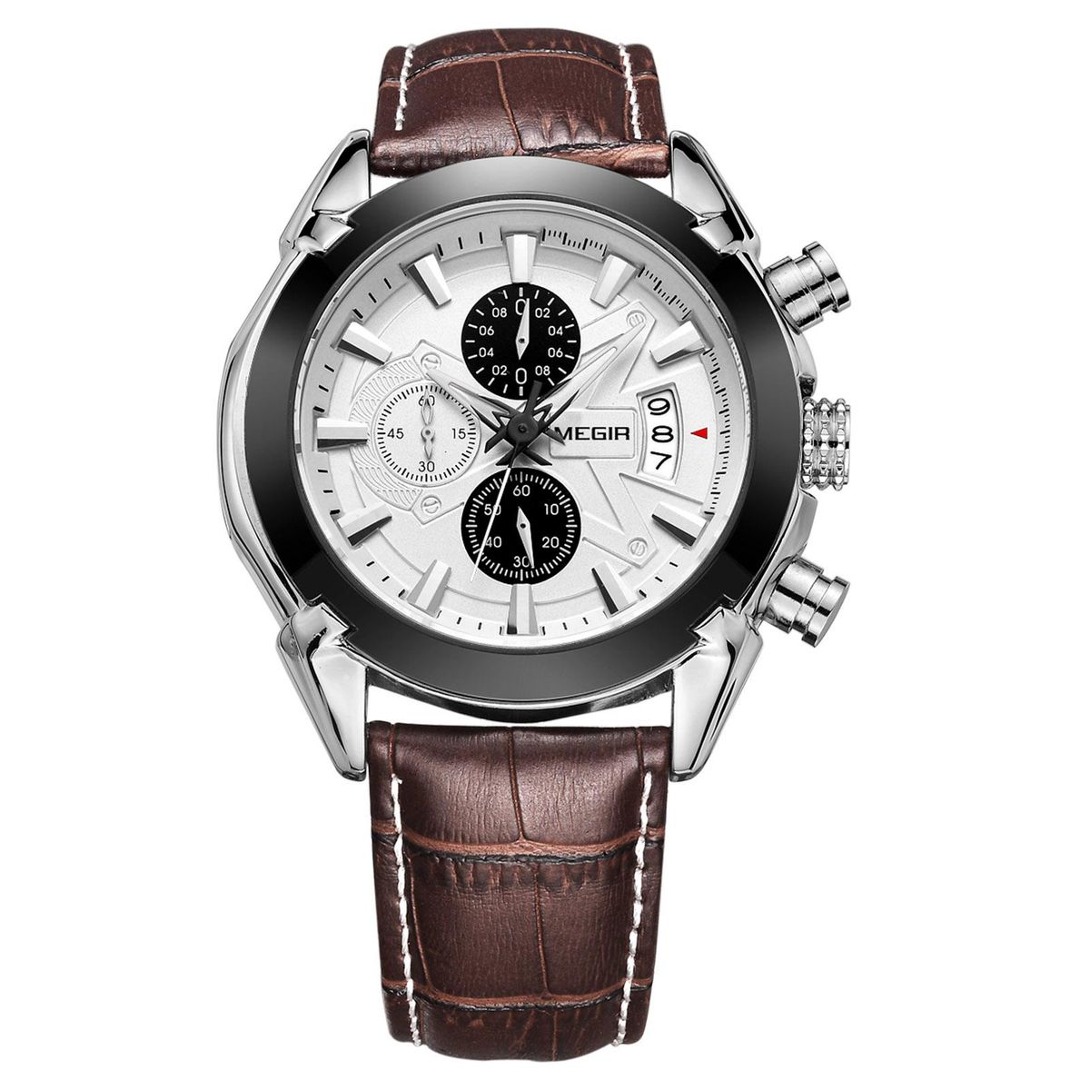 Megir Branded New Fashion Man Watch Genuine Leather Band 3 Small Dials Quartz Wristwatch Analog Display Date Chronograph Black/Brown Relogio Masculino