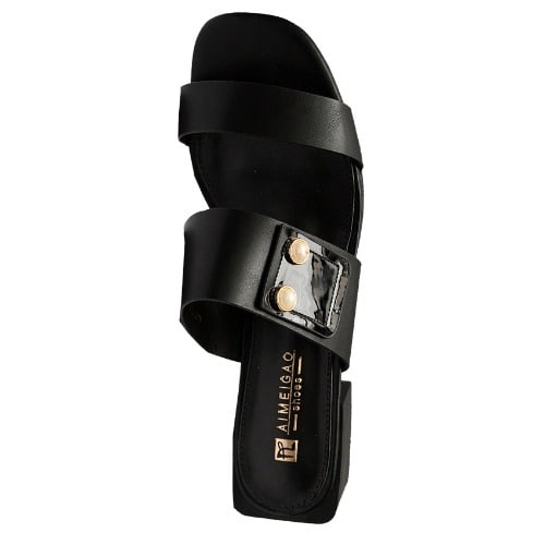 Rose Leather Sandal With Side Pearl Detail - Black