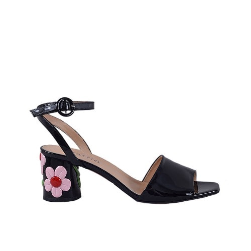 Patent Sandals with Flowery Heel