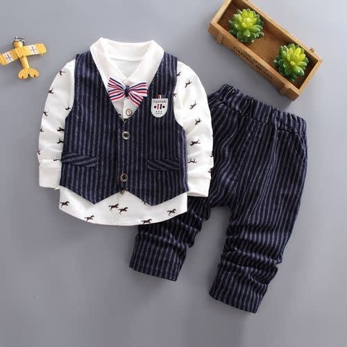 Boy Horse Design Clothing Set With Waistcoat - White + Blue