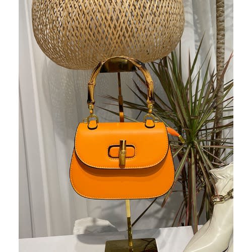 Acrylic Bamboo-like Design Handle Leather Handbag - Orange