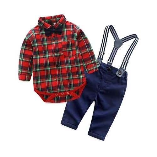 Baby Boy Clothing Set With Suspenders- Red/blue