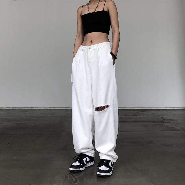 Houzhou Y2k Baggy Jeans Women Grunge Streetwear White High Waist Explosive