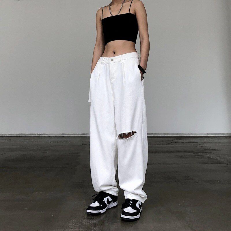 Houzhou Y2k Baggy Jeans Women Grunge Streetwear White High Waist Explosive