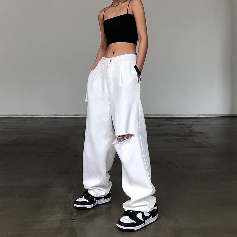 Houzhou Y2k Baggy Jeans Women Grunge Streetwear White High Waist Explosive
