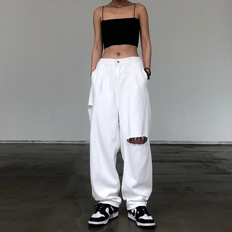 Houzhou Y2k Baggy Jeans Women Grunge Streetwear White High Waist Explosive