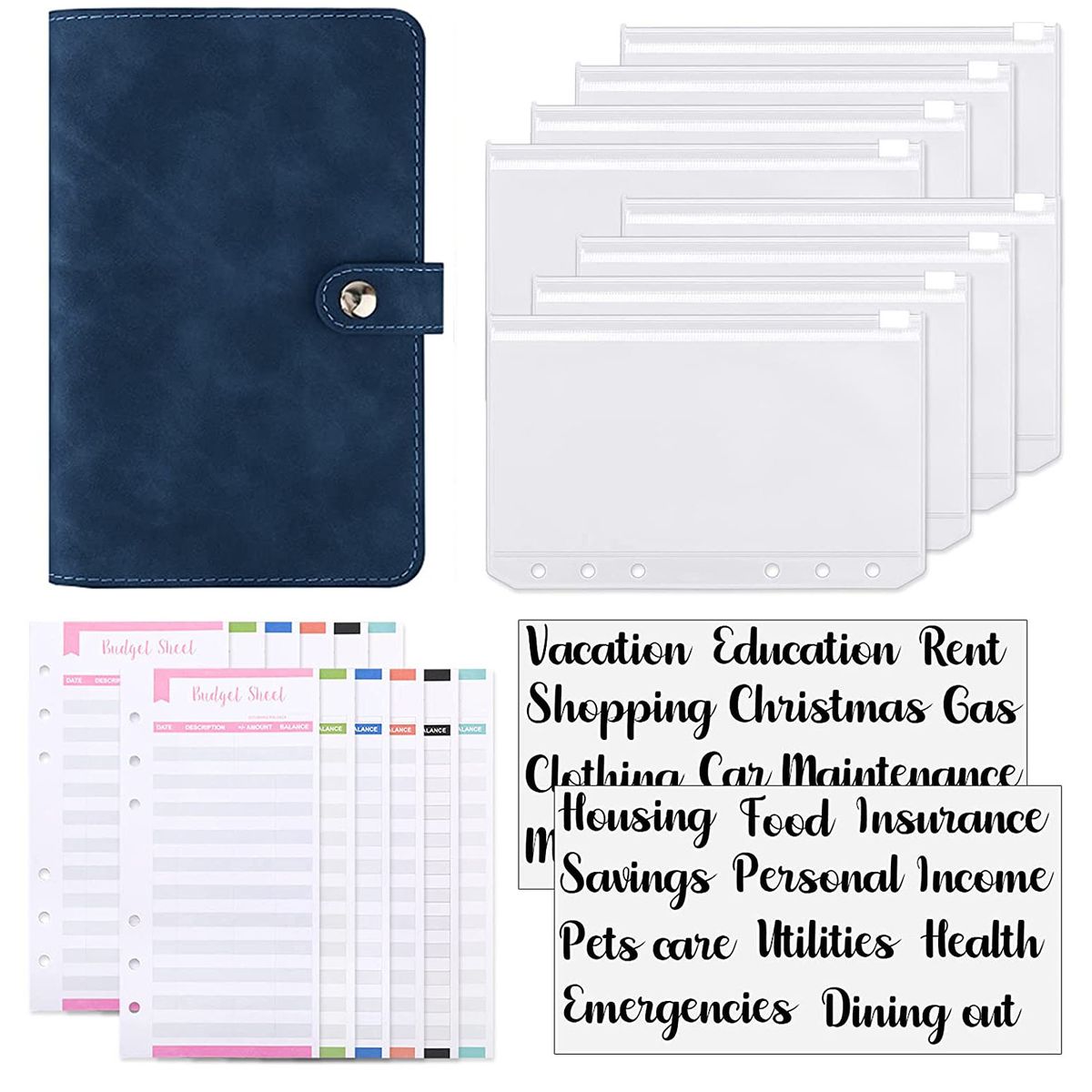 A6 Budget Binder With Cash Envelopes & Expense Budget Sheets, Money Binder With Cash Envelopes For Budgeting And Saving Money Jean Blue