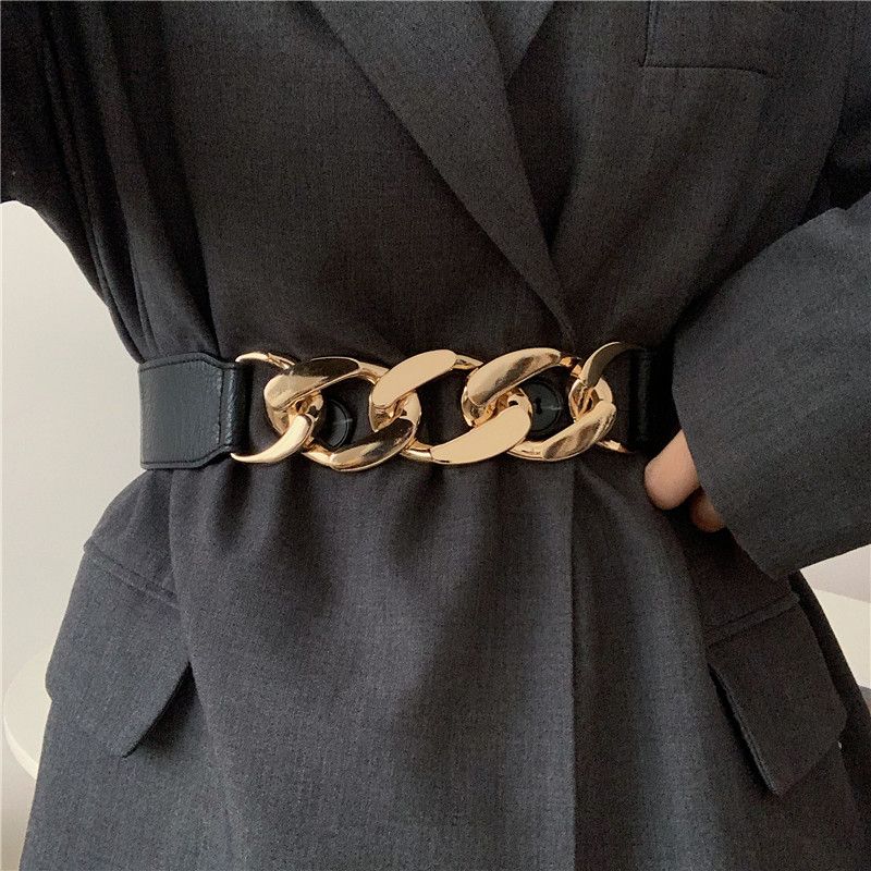 Gold Chain Belt Elastic Silver Metal Waist Belts For Women Ceinture Femme Stretch Cummerbunds Ladies Coat Ketting Riem Waistband(#leather Chain Gold)