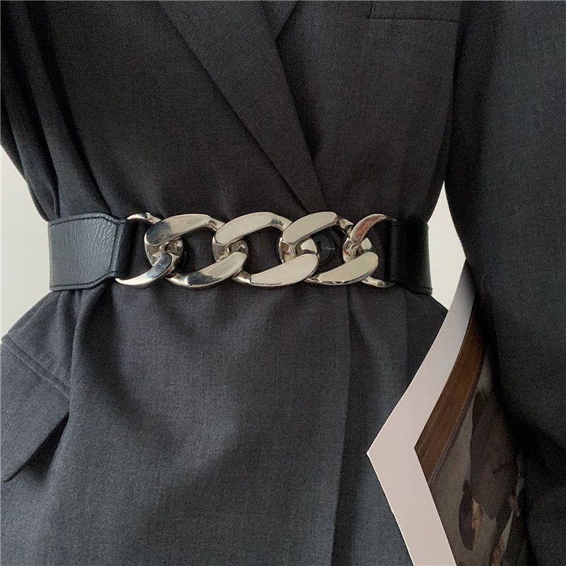 Gold Chain Belt Elastic Silver Metal Waist Belts For Women Ceinture Femme Stretch Cummerbunds Ladies Coat Ketting Riem Waistband(#leather Chain Gold)