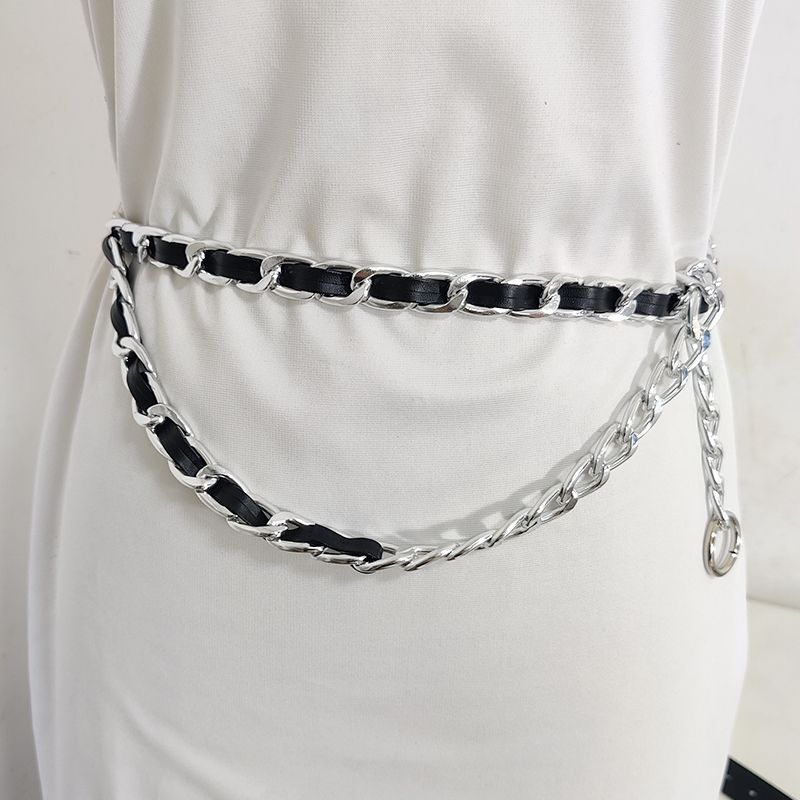 Gold Chain Belt Elastic Silver Metal Waist Belts For Women Ceinture Femme Stretch Cummerbunds Ladies Coat Ketting Riem Waistband(#leather Chain Gold)