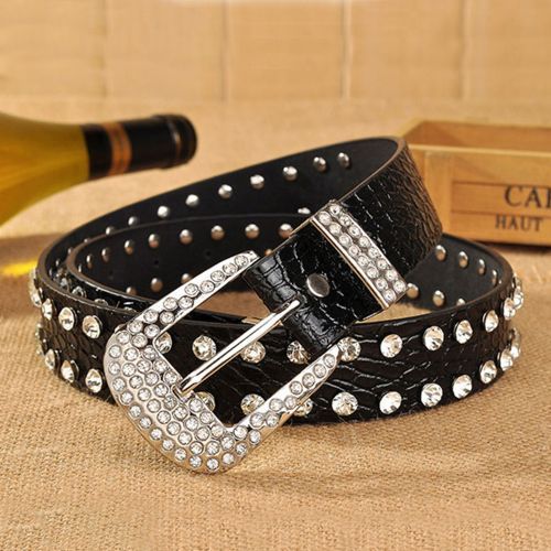 All-match Women's Rhinestone Inlaid Full Diamond Trousers Belts Black