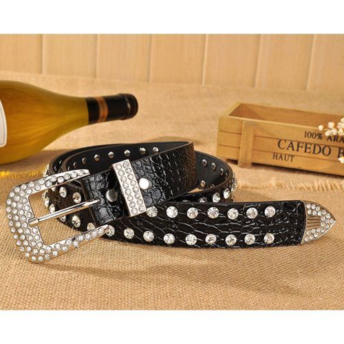 All-match Women's Rhinestone Inlaid Full Diamond Trousers Belts Black