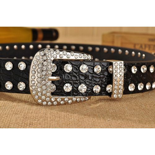 All-match Women's Rhinestone Inlaid Full Diamond Trousers Belts Black