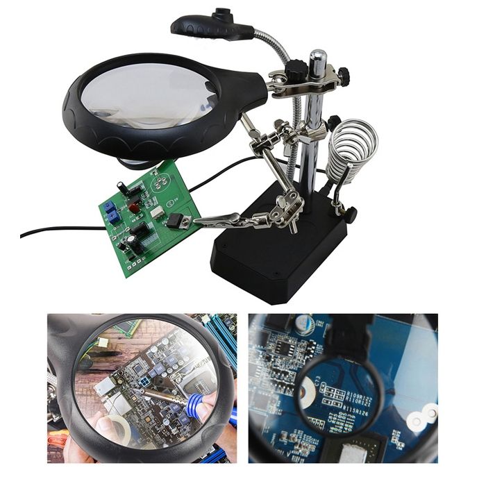 5 LED Auxiliary Clip Magnifier With Soldering Iron Stand And AC/DC Interchangeable
