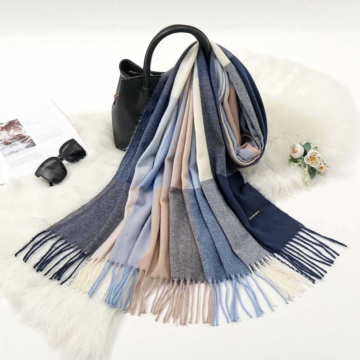 Women Scarf Windproof Long Thermal Scarf Navy and Blue