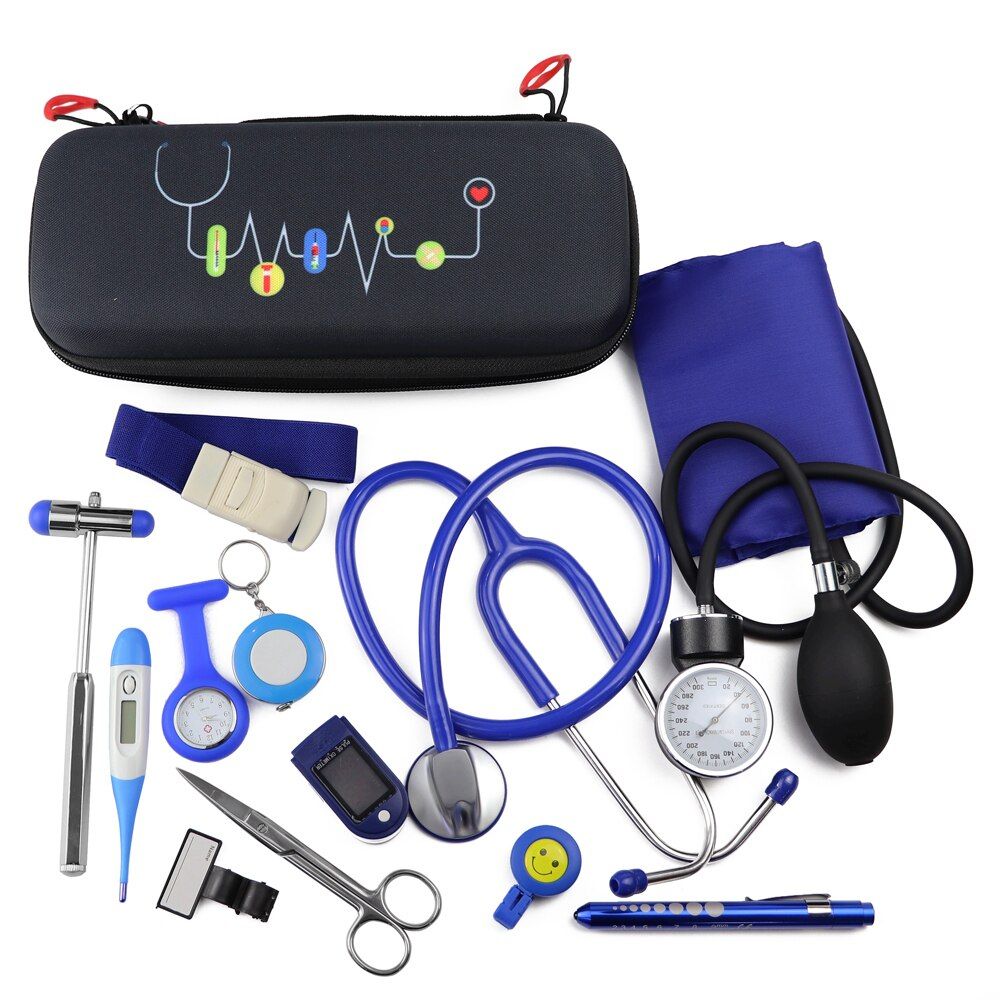 12PCS Medical Storage Kit Health Bag  Stethoscope Manometer Reflex Hammer First Aid Tourniquet Penlight Thermometer Set