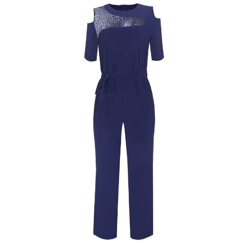 Embellished Cold Shoulder Jumpsuit - Navy Blue