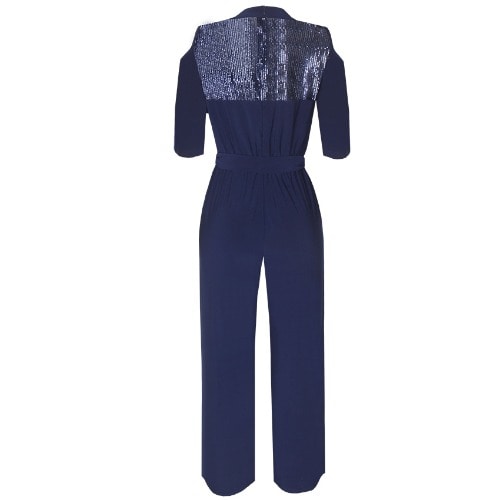 Embellished Cold Shoulder Jumpsuit - Navy Blue