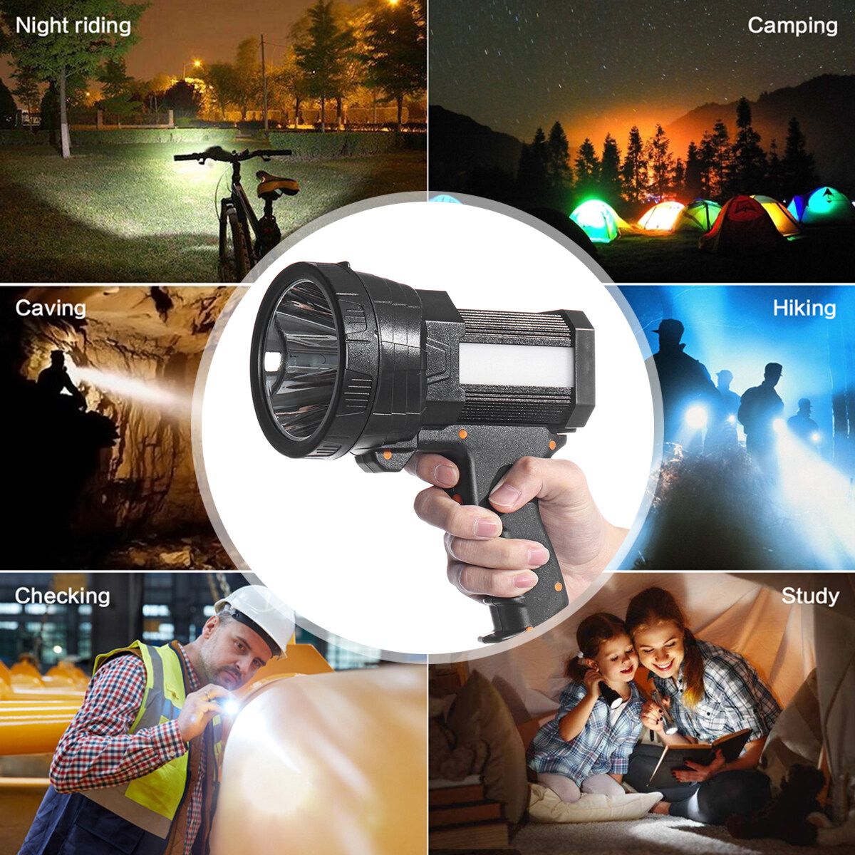LED Night Bright Flashlight Spotlight Torch Rechargeable Camping Hiking Riding 9000mAh Battery