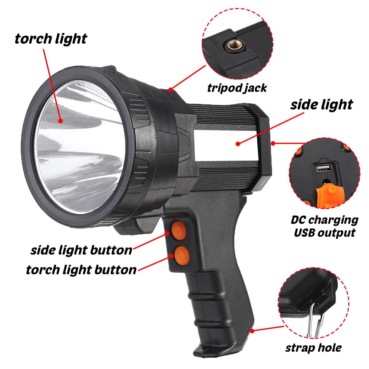 LED Night Bright Flashlight Spotlight Torch Rechargeable Camping Hiking Riding 9000mAh Battery