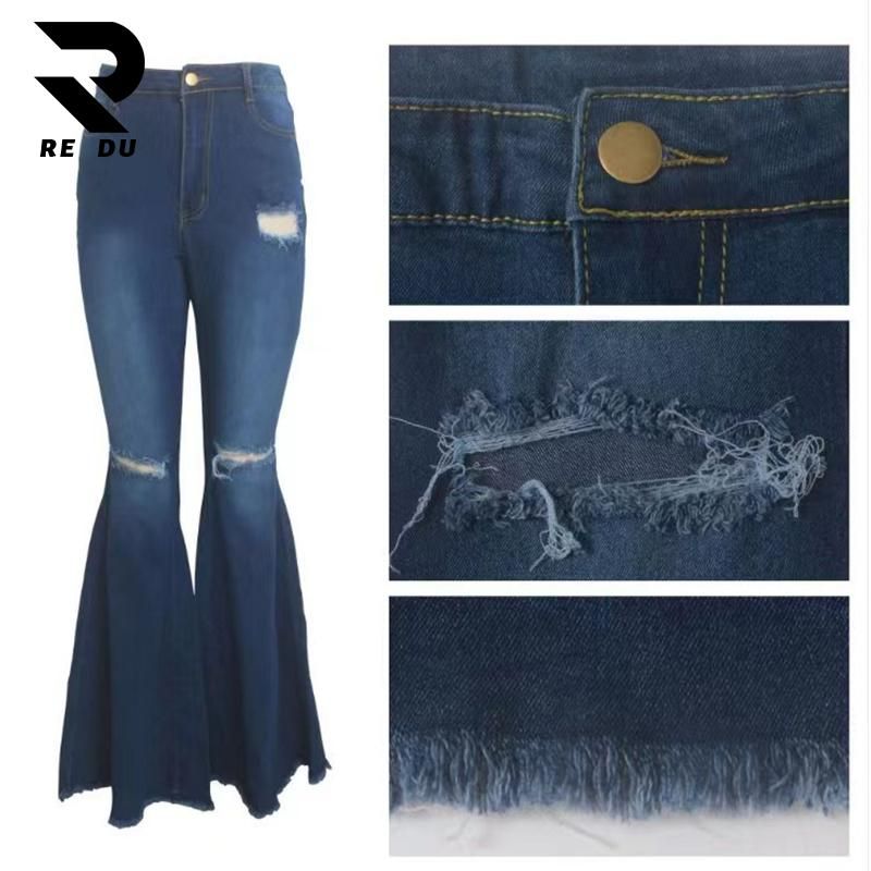2023 High-Waisted Ripped Washed Flare Denim Jeans for Women - Bell Bottom Style in Plus Size