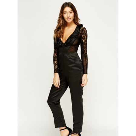 Contrast Lace Sleeves Jumpsuit - Black - 0029