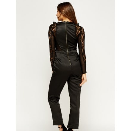 Contrast Lace Sleeves Jumpsuit - Black - 0029