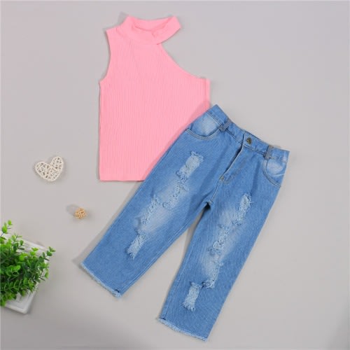 Girl's Sleeveless Top + Denim Trousers