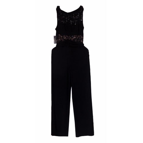 Women's Lace Appliqued Belted Jumpsuit - Black