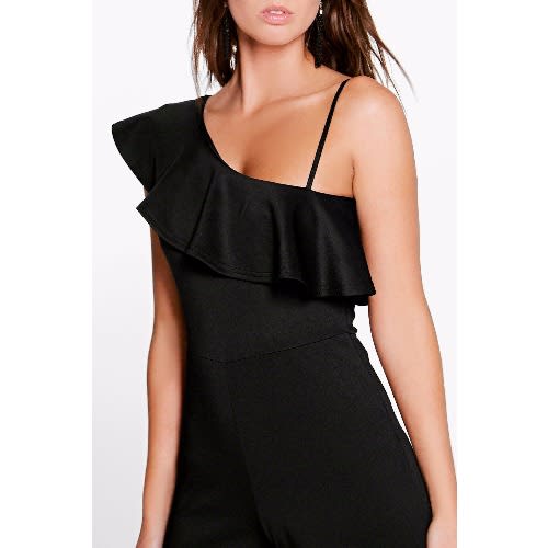 Ruffle Shoulder Wide Leg Jumpsuit - Black