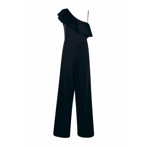 Ruffle Shoulder Wide Leg Jumpsuit - Black
