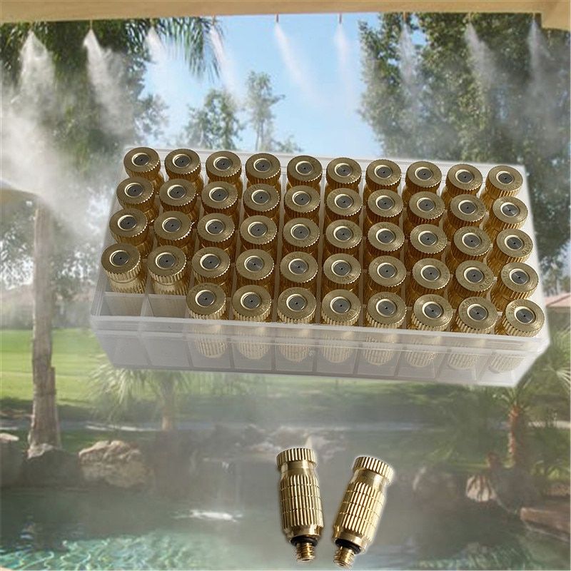 S363 One Box 50pcs Mist Nozzles Threaded Brass Misting Nozzle UNC10-24 Water Mister Sprinkle Dry Fog For Mist Cooling System Nickel 0.15mm Nozzle