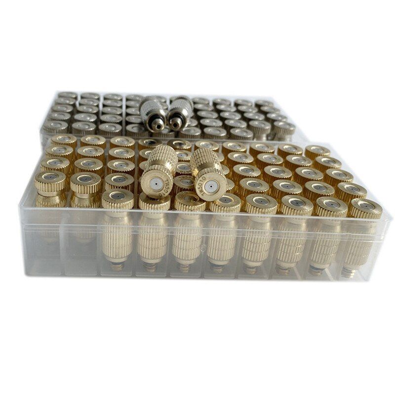 S363 One Box 50pcs Mist Nozzles Threaded Brass Misting Nozzle UNC10-24 Water Mister Sprinkle Dry Fog For Mist Cooling System Nickel 0.15mm Nozzle