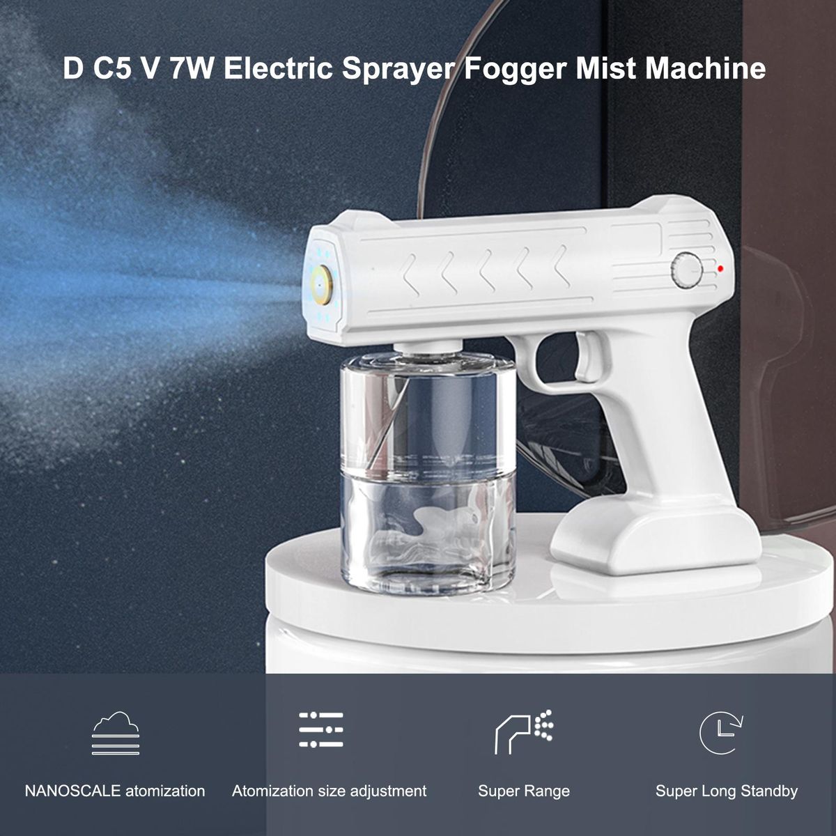 D C5 V 7W Electric Sprayer Fogger Mist Machine Spray Atomizer Steam G-un with Blue Light USB Powered Operated 500ml Capacity Jar Built-in 4000mAh High Capacity Rechargeable Cell for Home Daily Use Cleaning Portable