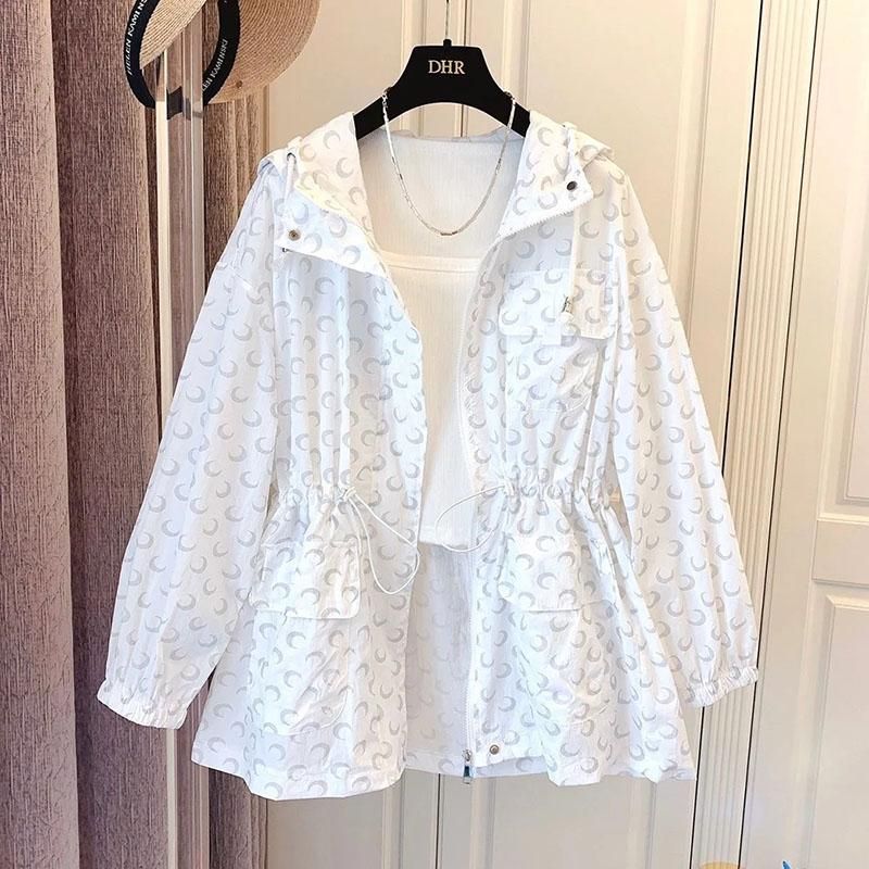 2022 Korean Print Mid-Length Sun Protection Clothing Women Loose Wild Jacket Hooded Spring Summer Zipper Windbreaker Female Top