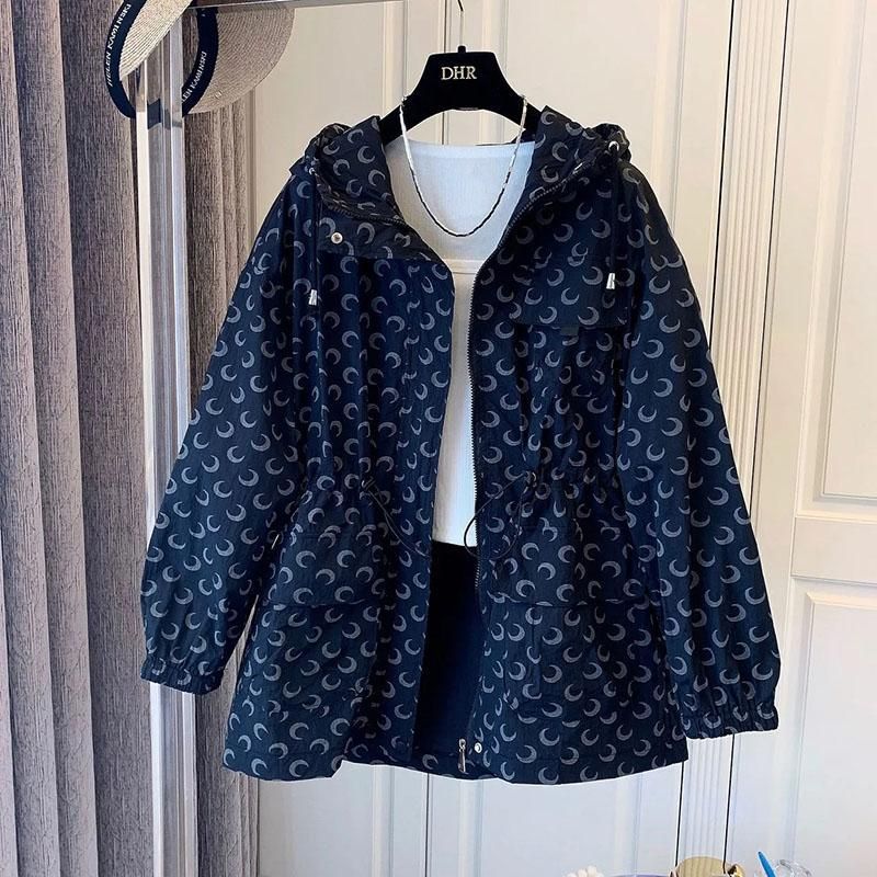 2022 Korean Print Mid-Length Sun Protection Clothing Women Loose Wild Jacket Hooded Spring Summer Zipper Windbreaker Female Top