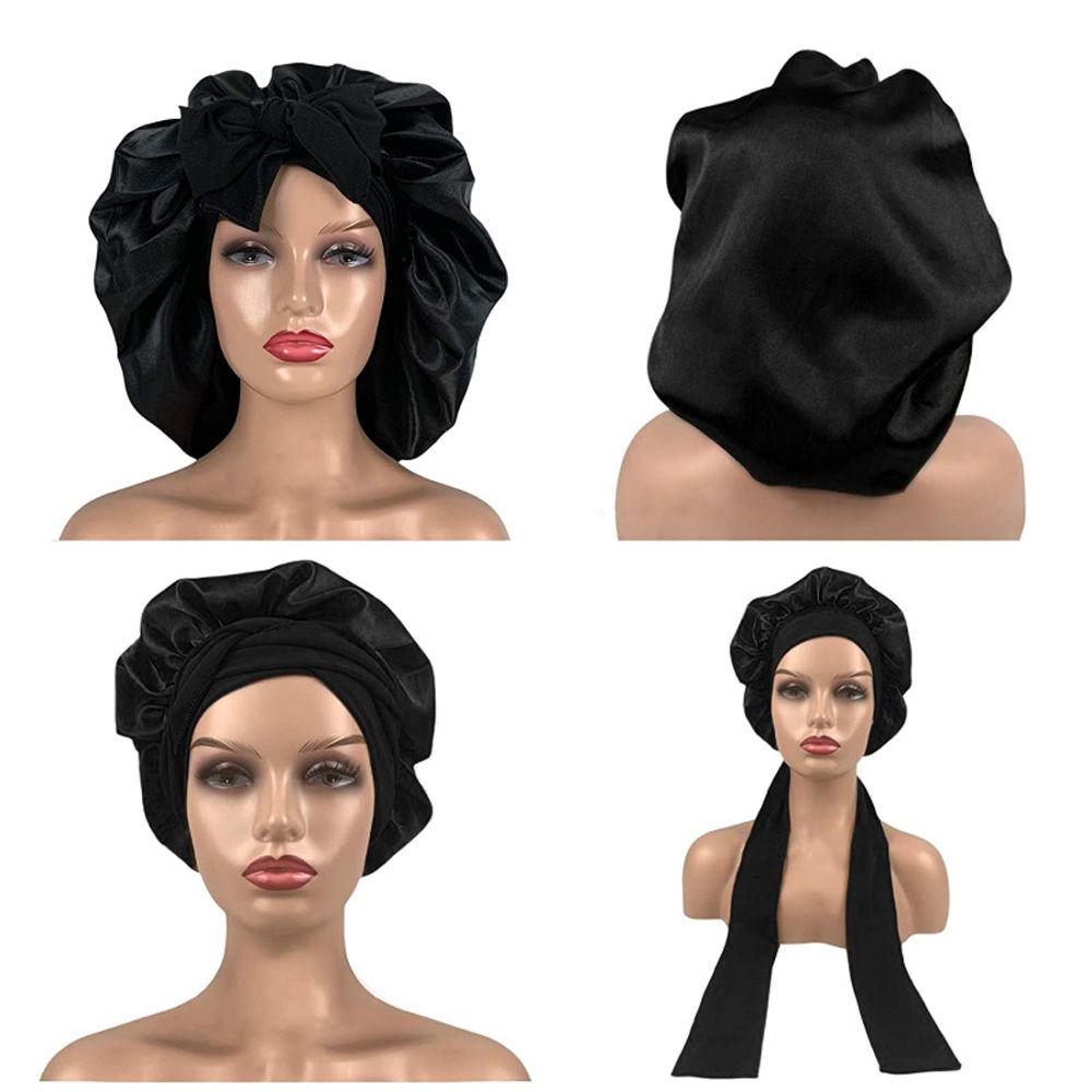 Women Satin Solid Night Sleep Cap Hair Care Bonnet Nightcap For Women Men Unisex Bonnet De Nuit Shower Turban(#Black)
