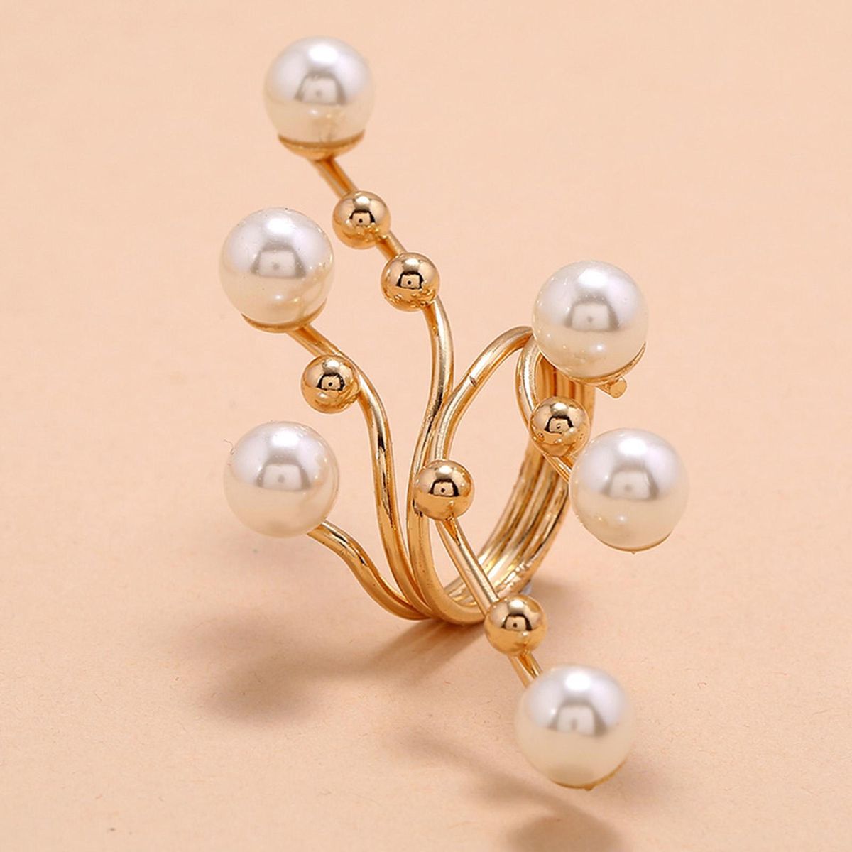 Finger Ring Lustrous Faux Pearl Branch Ladies Ring Golden