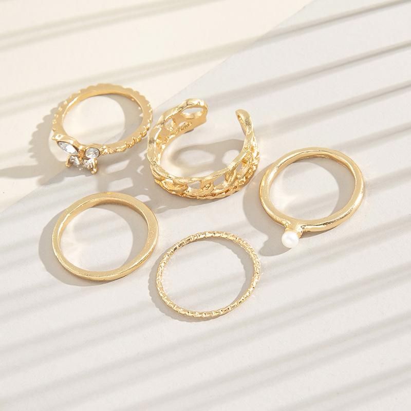 5 pieces Metal smooth full diamond butterfly fried dough twist opening ring set