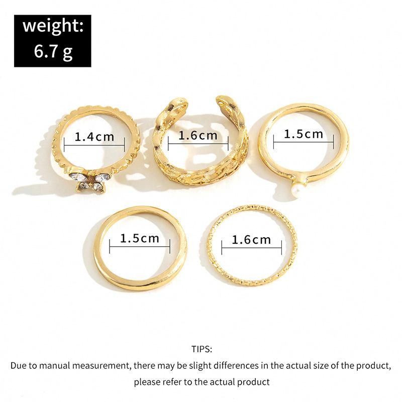 5 pieces Metal smooth full diamond butterfly fried dough twist opening ring set