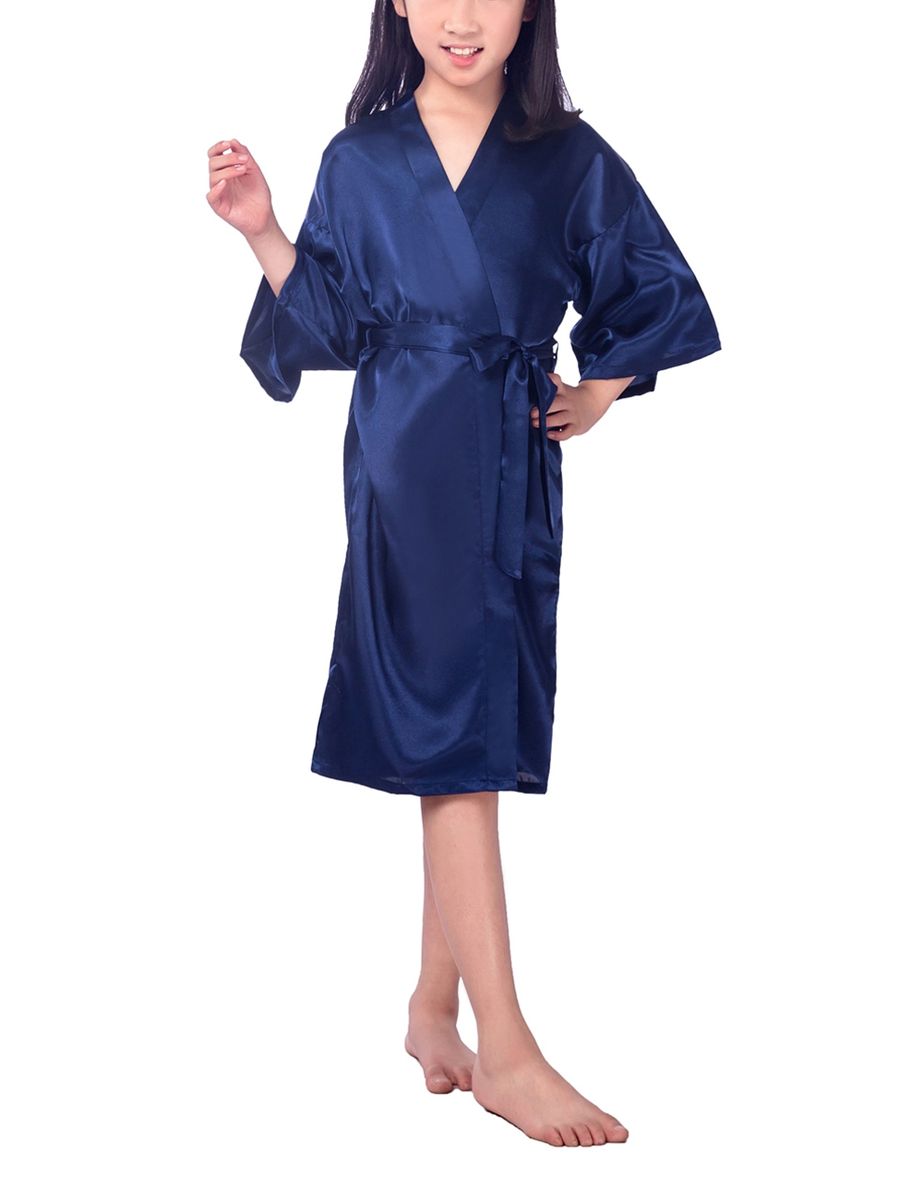 Kids Plain Hip-Length Kimono Robe Short Bathrobe Sleepwear (Blue)