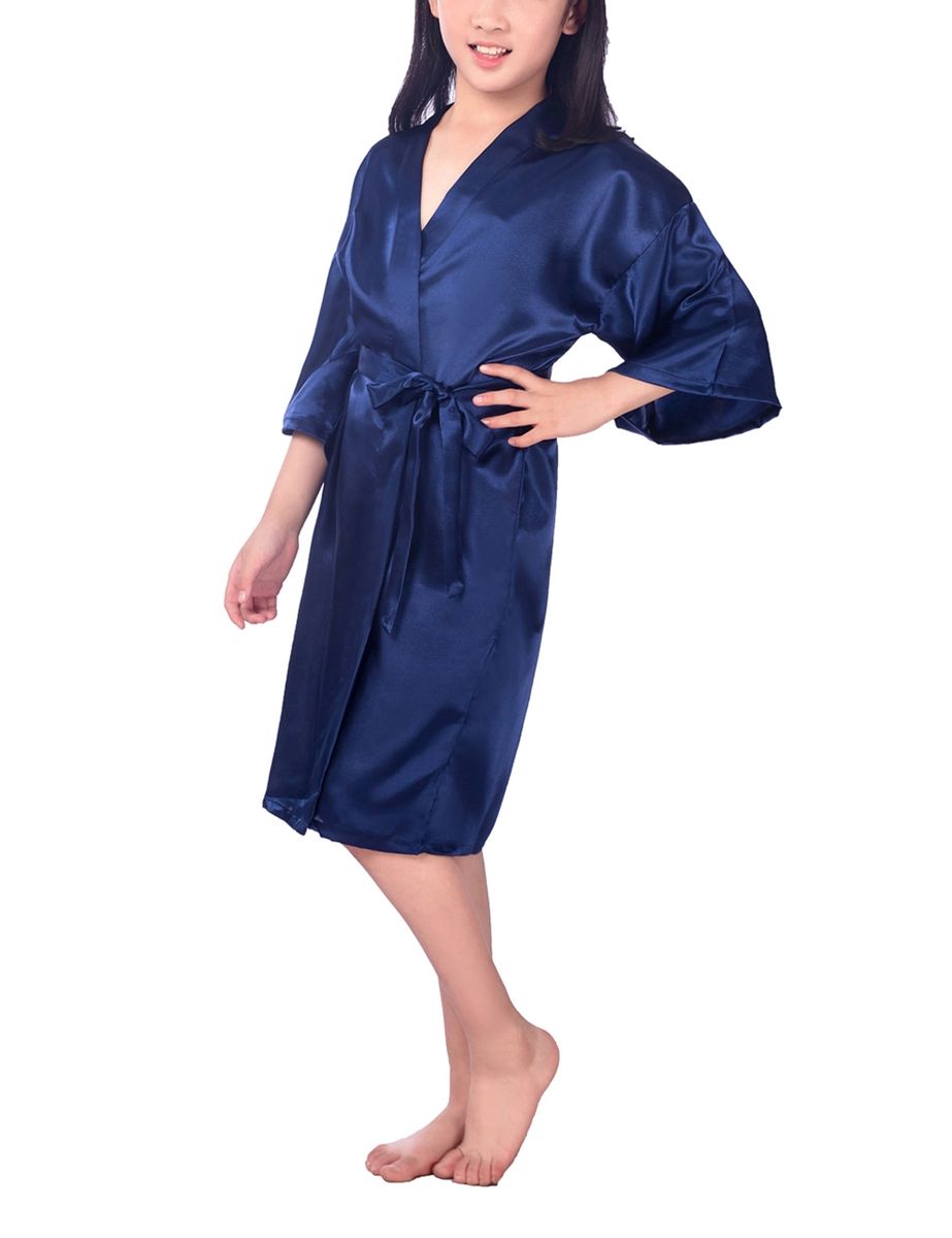 Kids Plain Hip-Length Kimono Robe Short Bathrobe Sleepwear (Blue)