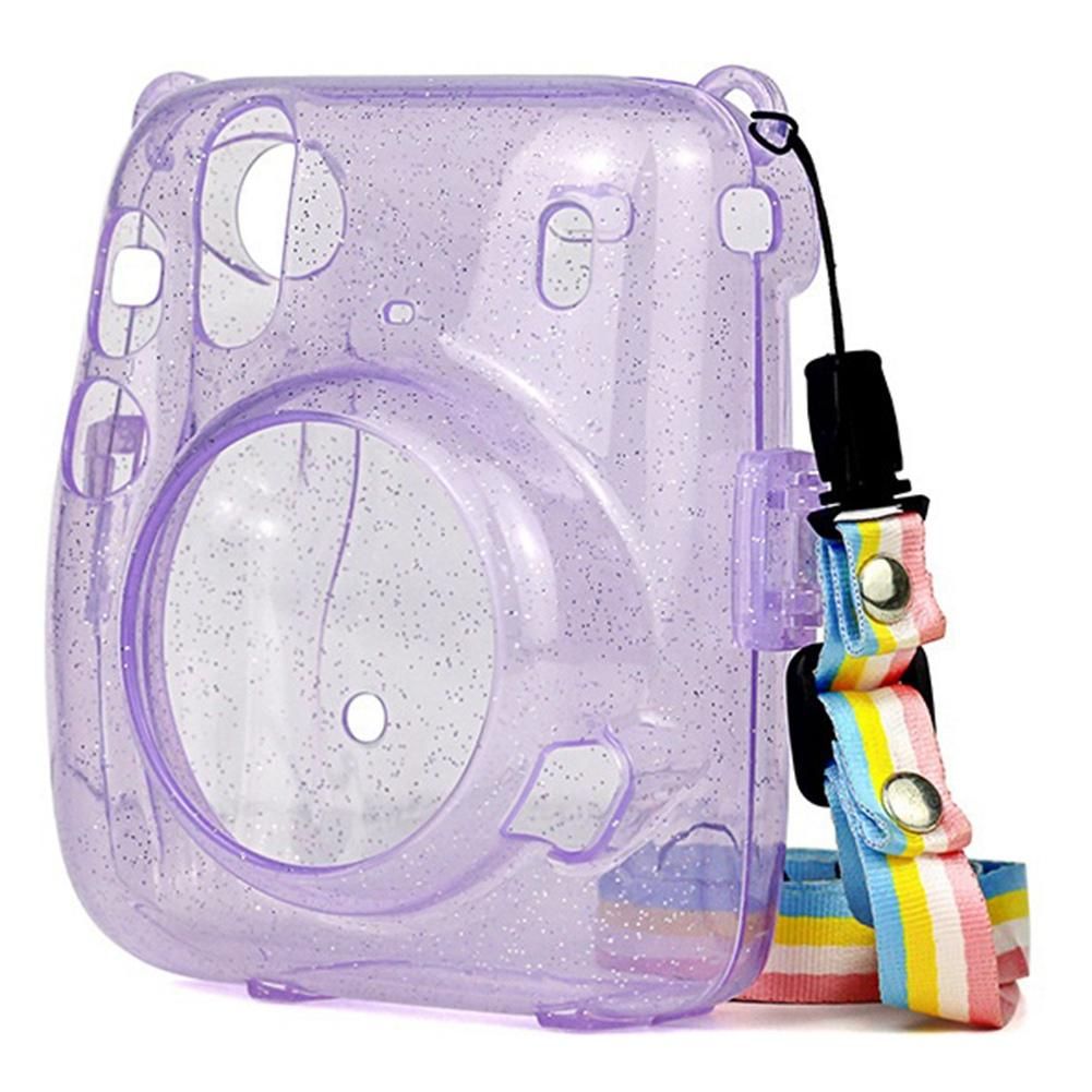 Transparent Mini Camera Bag Glitter Crystal Hard Shell with Detachable Shoulder Strap for Instax Mini 11 (Purple)