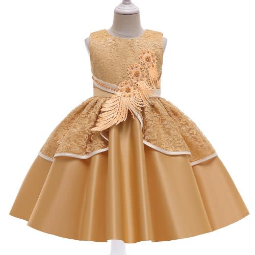 Girl Lace Satin Gown With Sequins Leaf - Gold