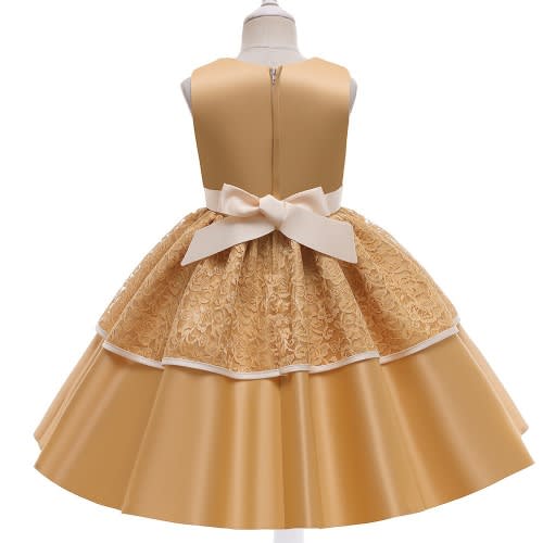 Girl Lace Satin Gown With Sequins Leaf - Gold