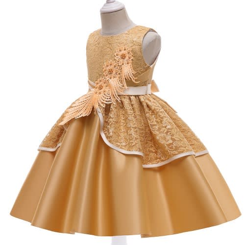 Girl Lace Satin Gown With Sequins Leaf - Gold
